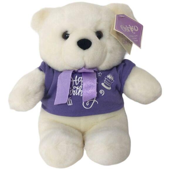 Happy Birthday Teddy Bear Plush Oshko Purple White Polar Stuffed Animal Soft Tag - Picture 4 of 16